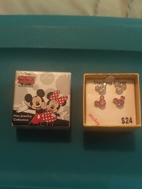Disney Mickey Mouse Sterling Silver Stud Earrings - Pink & Clear